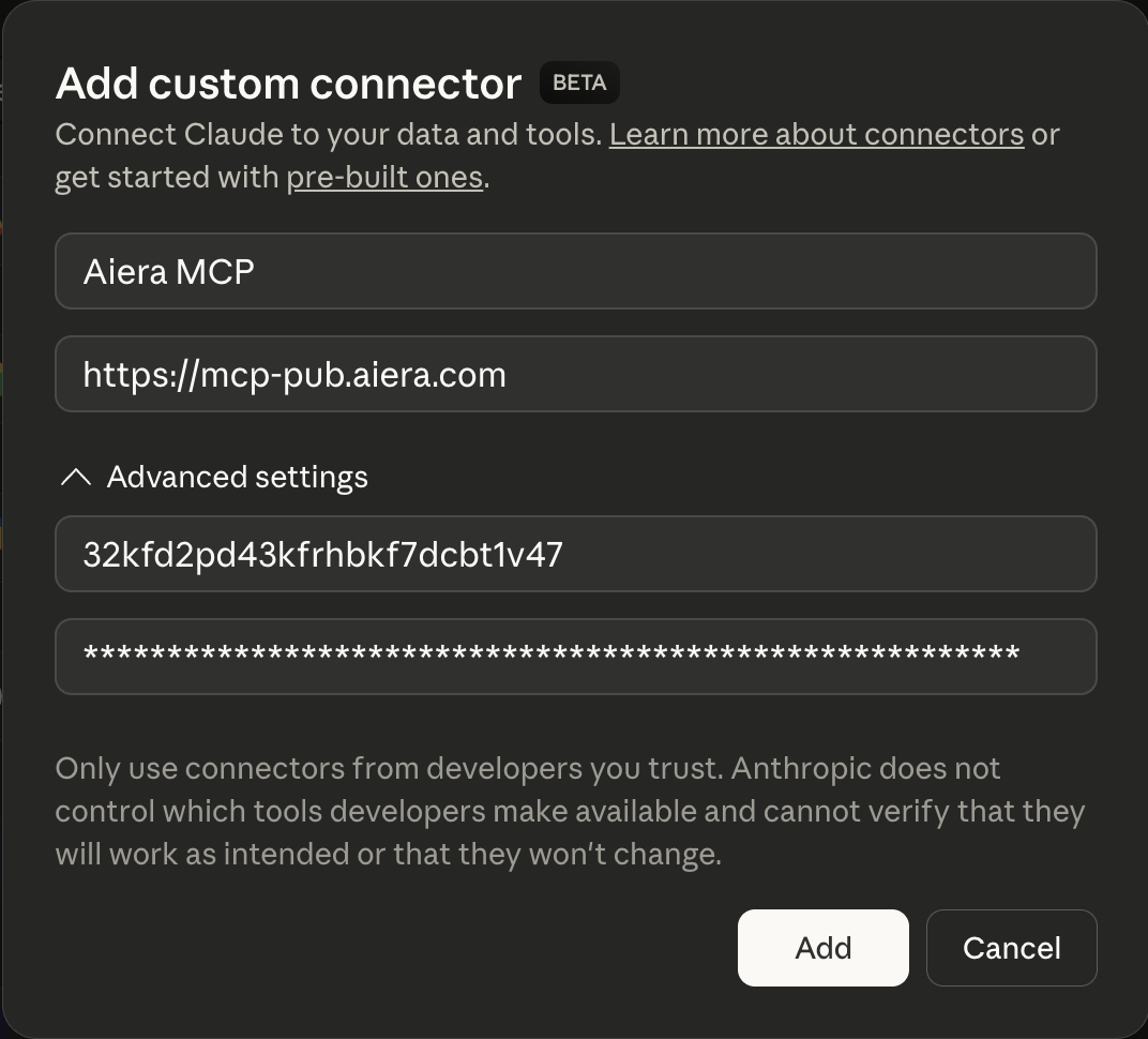 Claude custom connector form