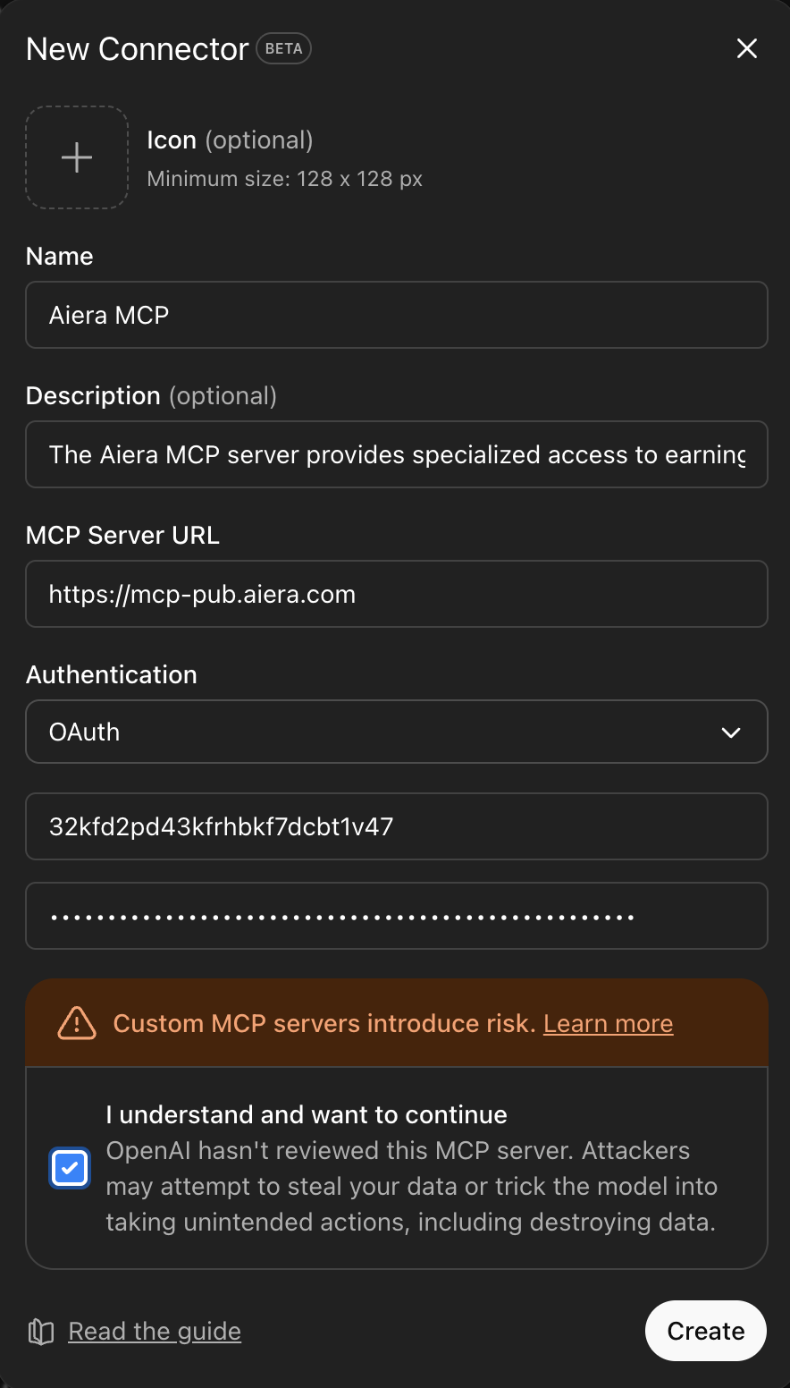 ChatGPT new connector form